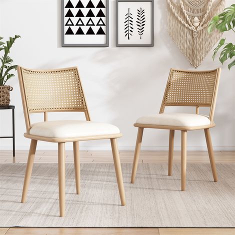 2-Pack Retro Kitchen Chairs - PU Seat & Bamboo Rattan Backrest Side Armchairs for Home, Cafe, Restaurant in Beige (1/5)