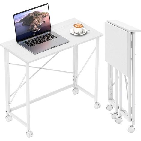 Bureau pliable de 80 cm sur roulettes, couleur blanche. Compact et mobile, il convient parfaitement aux petits espaces intérieurs