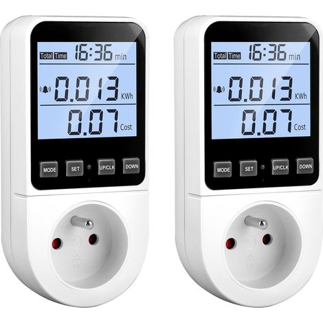 2 Pièces Wattmètre Prise Compteur d'Énergie 8 Modes, Prise Consommation Electrique Écran LCD Rétroéclairé, Mesure Consommation d'Énergie Compteur Électrique avec Alarme Sonore de Surcharge 3680W (1/5)