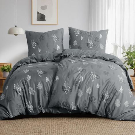 Bettwäsche-Set 4-teilig 135x200cm Mikrofaser Blumenmuster Grau mit Reißverschluss ÖKO-TEX