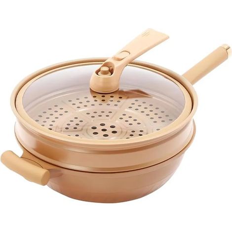 Wok antiadhésif, 32 cm, revêtement en argile avec couvercle en verre, pour plaque de cuisson à gaz