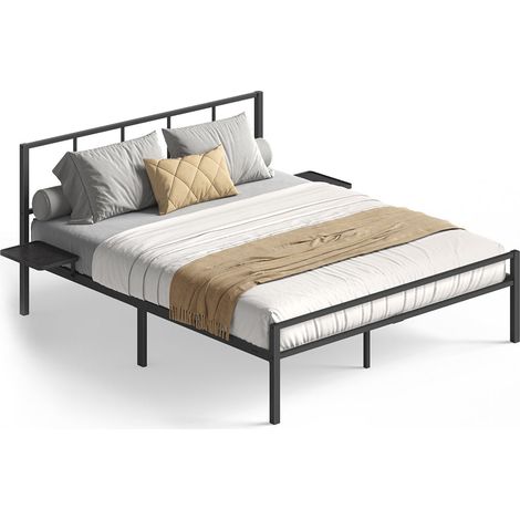Lit double lit 2 personnes cadre de lit en métal avec étagères de rangement lit adolescent adapté pour matelas 190 x 140 cm montage facile noir classique (1/2)