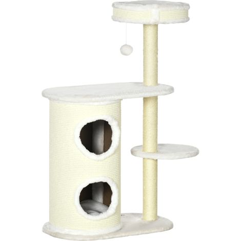Albero Tiragraffi per Gatti Alto 100 cm Cesto e Casetta a 2 Livelli con Palo Graffiatoio in Sisal Crema (1/5)