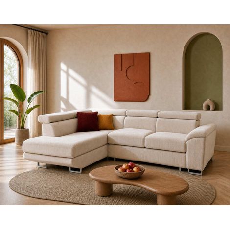 Baoji - canapé d'angle gauche 5 places convertible avec têtières et coffre en velours côtelé - beige