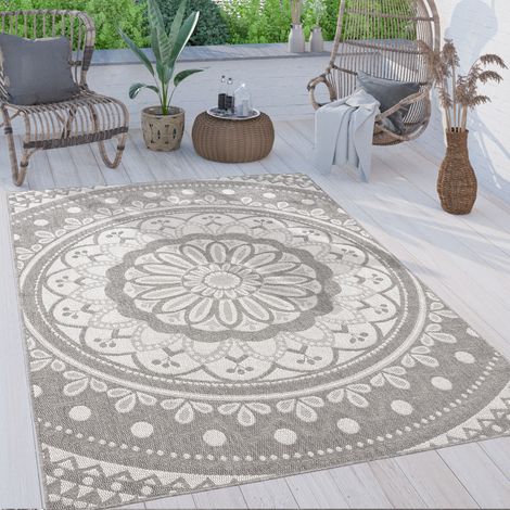 Paco Home Outdoor Teppich wetterfest & robust Mandala Boho Design pflegeleicht flachgewebt Grau, 120x160 cm