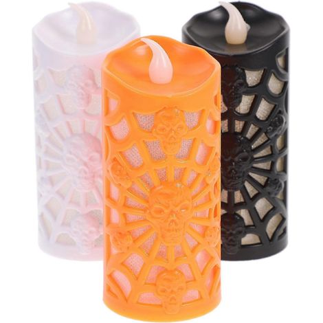 Lot de 3 lampes bougies décoratives d'Halloween : toile d'araignée et crâne. Lampes LED multicolores à dégradé clignotant pour décorer la nuit d'Halloween à la maison ou pour une fête (Orange + Bleu). (1/2)