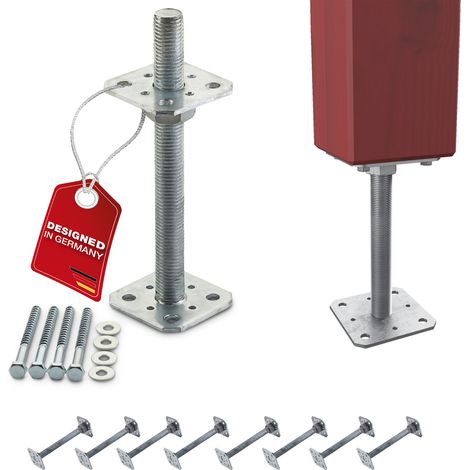 SOTECH Pfostenbeschlag Stützträger Gewinde M24 Stahl feuerverzinkt höhenverstellbar zum Aufschrauben, witterungsbeständig, 80 x 80 x 250 mm - 8 Stück