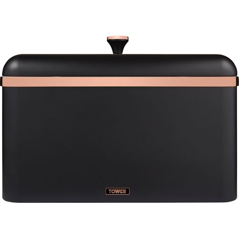 Tower T826130BLK Cavaletto Bread Bin Storage, Carbon Steel, Removable Lid, Black and Rose Gold,23 x 35 x 24 cm