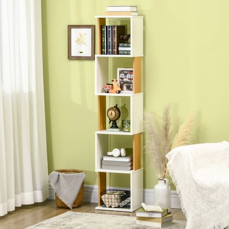 HOMCOM S-förmiges Bücherregal, 5-stöckiges Bücherregal für Wohnzimmer oder Büro, 33 x 28 x 161 cm, Weiß (1/5)