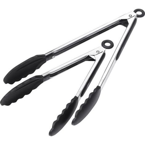 TRIXES Ensemble de Deux Pinces de Cuisine Résistantes à la Chaleur avec les Extrémités en Silicone Noir-Ywey