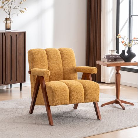 Poltrona 68x61x35 cm gialla in legno massello e bouclé con braccioli stile moderno (1/4)