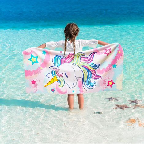 Serviette de plage Licorne pour enfants - 75 x 150 cm Serviettes de Bain Arc-en-ciel pour Filles Couverture de plage absorbante Sans sable Séchage rapide Piscine Serviette (1/5)