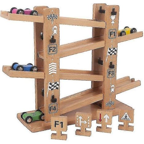 Voiture à toboggan en bois de hêtre avec puzzle - Jouet éducatif pour enfants - Jouet de glisse sur circuit à inertie