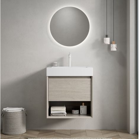 Hängender Badunterschrank 55 cm mit weißem Kunstharzwaschbecken und Eichenoptik (1/5)