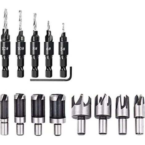 Set mit 14 Holzbohrern für Dübellöcher, Fasenbohrer, Fünfschlitzbohrer, Innensechskantschlüssel, schwarz und silber (1/4)