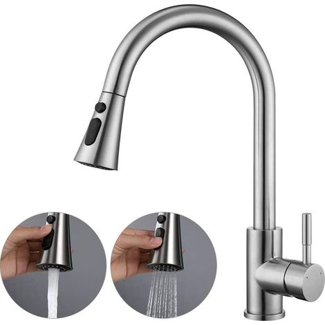 Robinet de cuisine extensible avec douchette, robinet haute pression cuisine deux types de jets d'eau, robinet d'évier cuisine orientable à 360°, mitigeur cuisine (argent) (1/5)