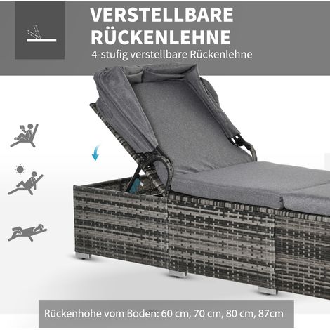 Transat en résine tressée avec parasol, chaise longue jardin ajustable, fauteuil balcon en rotin synthétique, mobilier extérieur avec coussin, gris, 195x65x40 cm