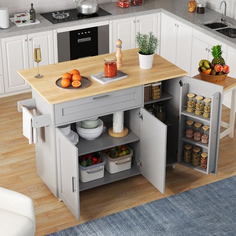 Carrello da cucina grigio con 5 ruote, piano pieghevole, venatura rovere, portaspezie, portasciugamani (1/5)