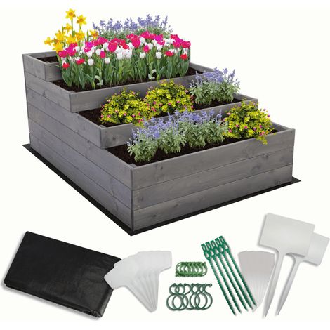 MODO24 Carré potager surélevé en bois, 4 niveaux en cascade, 54x90x120 cm, jardin/terrasse, kit jardinier inclus, gris imprégné