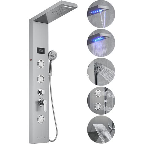 Hidromasaje Columna de Ducha LED Luces con LCD Pantalla Inteligente 5 Función de Panel de Ducha Hidro-masaje de Acero Inoxidable Cepillado con Ducha Lluvia+Ducha de Mano con boquillas anticalcárea
