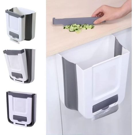 Foldable Hanging Trash can with lid for kitchen and camping, foldable kitchen trash can, kitchen waste bin for kitchen/camping/car/bathroom/office (gray) (1/4)
