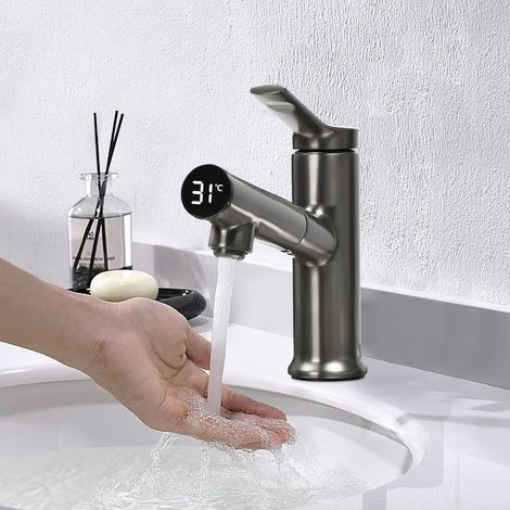 【Chauffage et ventilation】Robinet Cuisine avec Douchette Extensible Mitigeur, avec affichage température LED, robinet évier extensible gris, raccord G1/2 Froid & Chaud Disponible, pour cuisine et sall (1/5)