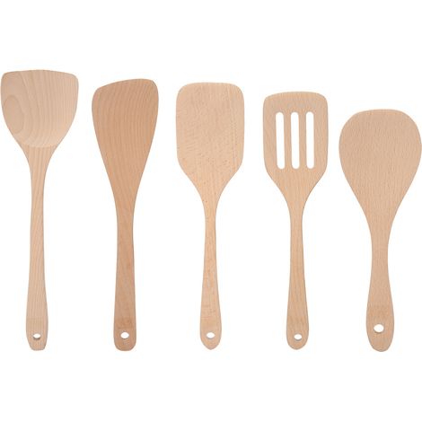 Ensemble de 5 Spatules en Bois pour Cuisine - Ustensiles de Cuisson Écologiques pour Poêles Antiadhésives (1/5)
