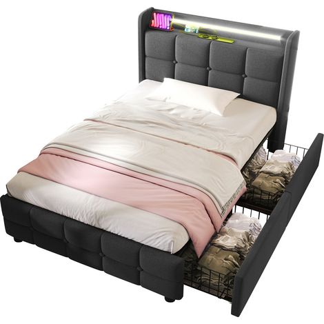 Lit rembourré en gris avec fonction de recharge USB, éclairage LED et 2 tiroirs, cadre de lit à lattes en bois (avec matelas) - 90x200 cm (1/5)