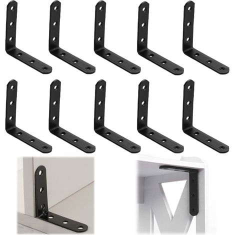 10 Équerre de Fixation, Métal Noir 72x72x18mm, Angle 90°, Support L, Réparation Meubles Bois (1/5)