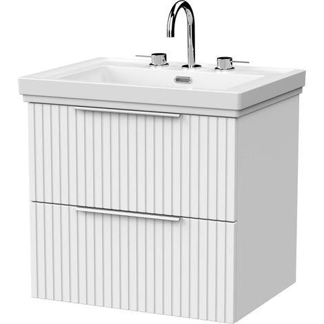 Callingwood Contemporary Wall Hung 2 Drawer Vanity Unit with Traditional 3 Tap Hole Fireclay Basin , 600mm, Matt White