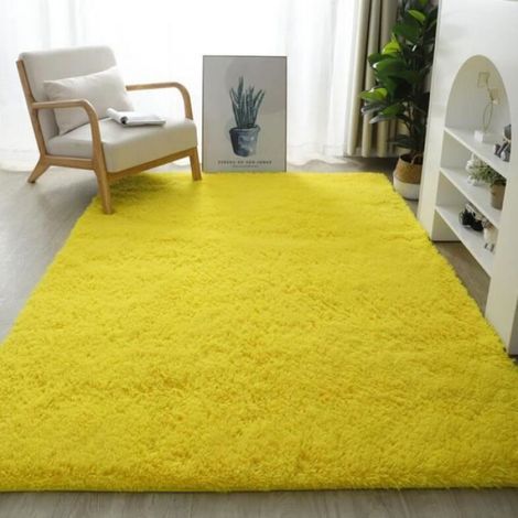 Tapis - 120 x 160 cm - Fibre Polyester Shaggy - Jaune - Antidérapant - Pour Salon Chambre Salle À Manger - 1 Pièce (1/4)