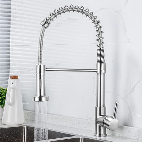 Kitchen Faucet with Spray, 360° Swivel Mixer Tap, Spiral Spring for Kitchen Sink, Brushed Nickel Sink Faucet (1/5)