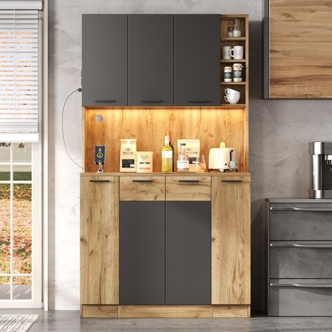 Aparador de cocina LED con enchufes, armario alto de 100x40x180 cm, almacenamiento modular, MDF negro y natural. (1/5)
