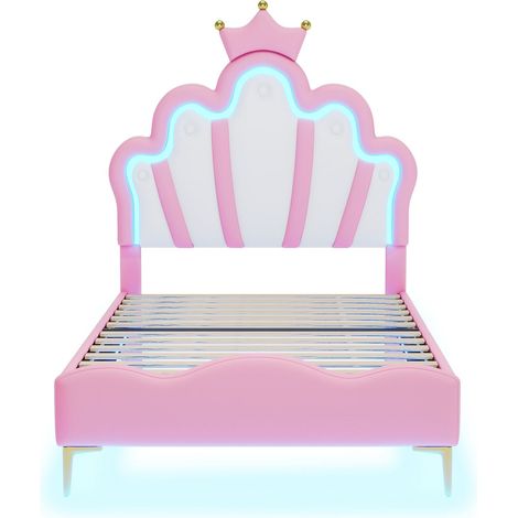 Lit double 90x200cm, lit princesse couronne, tête de lit rembourrée en cuir PU souple, ruban LED d'ambiance réglable, rose (1/5)