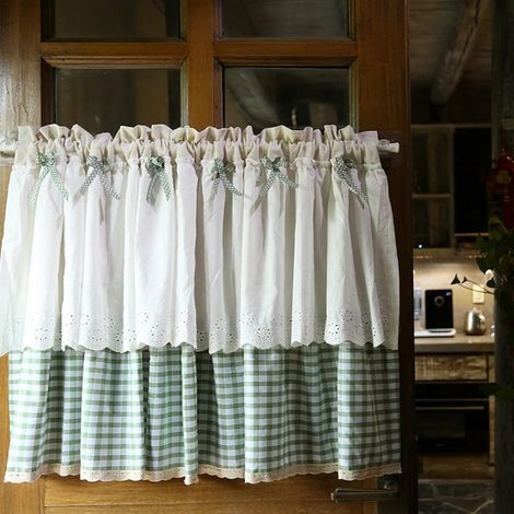 Rideau de Cuisine Court pour Petit Fenêtre Plaid Blanc à Carreaux vert avec Nœud Rideau Brise-bise Rideaux (1/5)