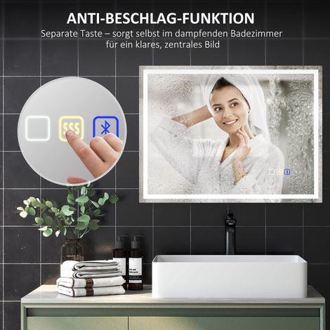 Miroir mural LED 80x60 cm avec éclairage, fonction Bluetooth, mémoire, horloge, 3 températures de couleur, interrupteur tactile, sans fixation, argenté (1/5)