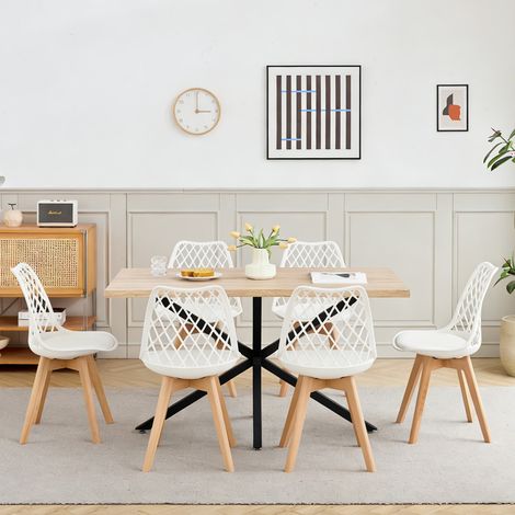 Wokaka Lot Table et Chaises à Manger -Table MDF et Métal noir 140cm - avec 6 Chaises Scandinaves de Salle à Manger Blanc - Couleur chêne