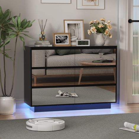 UEV Cassettiera con 6 Cassetti a Specchio, Comò con Grande Spazio e Illuminazione LED Regolabile, Como Soggiorno Robusto e Funzionale, 100 x 34 x72,5 cm, Nero