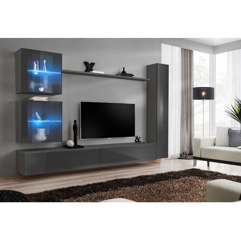 Ensemble mural - Switch XVIII - 2 vitrines LED - 1 vitrine verticale - 2 bancs TV - 1 étagère - Graphite - Livraison gratuite