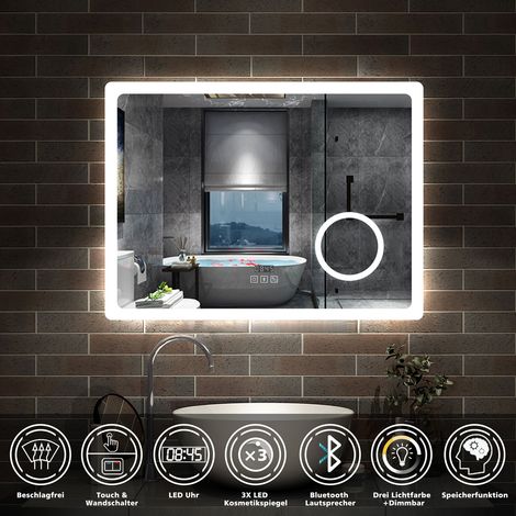 LED Badspiegel Wandspiegel Badezimmerspiegel Touch Beschlagfrei+Uhr+Bluetooth+Kosmetikspiegel+3 Farben Dimmbar+LED Memory Funktion 70 x 50 cm (1/5)