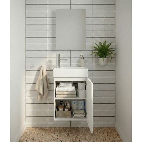 Lave‑mains suspendu Mini 40 cm, Meuble de salle de bain compact Blanc, plan céramique, 1 porte poignée zinc, armoire miroir incluse, meuble lavabo petit espace (1/5)
