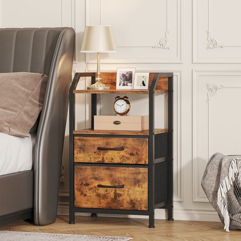 Nachttisch, Beistelltisch mit 2 Stoffschubladen und offenem Regal, Nachtschrank mit Holzplatte und Metallgestell, Sofatisch für Schmale Räume, Schlafzimmer, Wohnzimmer,Braun (1/5)
