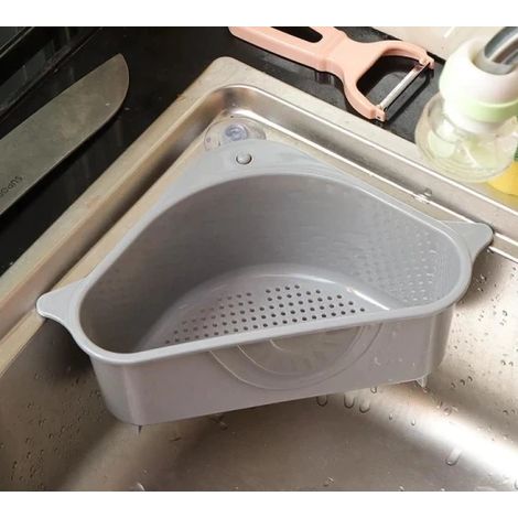 Égouttoir d'angle de cuisine avec ventouse, passoire à légumes, égouttoir, évier, rangement pour torchons, panier suspendu (1/3)