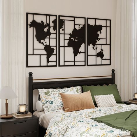 Décoration murale Décoration murale en métal 3 pièces Carte du monde Art mural pour salon Couloir de chambre,50 x 80 cm,noir