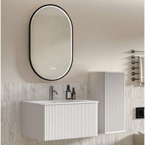 Meuble de salle de bain avec vasque, meuble latéral et miroir LED, blanc DESVIAE (1/5)