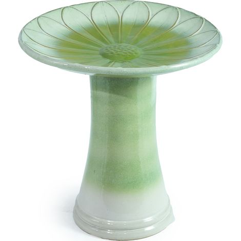 CHICFURN Bañera para pájaros de cerámica Ø43 cm y 45 cm de alto, con relieve floral, esmalte verde degradado, estable y resistente para jardín y terraza (1/5)