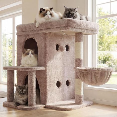 Arbre à Chat, Tour de 65 cm pour Grands Chats avec Plateforme Spacieuse, Cabines Double Couche, Poteaux à Griffes en Sisal, Panier Confortable et Pompon, Marron Beige HCT204SMU (1/5)