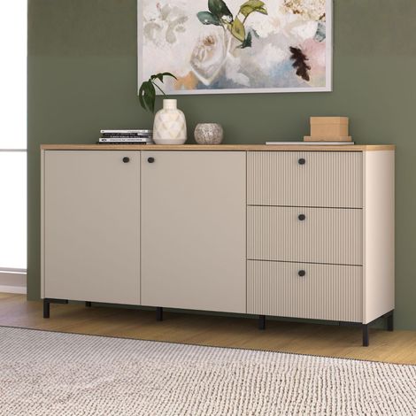 Madia Unit Cashmere con 2 Ante, 3 Cassetti Cannettati e Top Rovere (1/5)