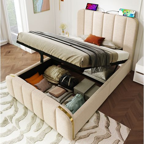 Lit coffre en lin beige 90x200 cm avec sommier à lattes, ports USB et Type-C intégrés (1/5)