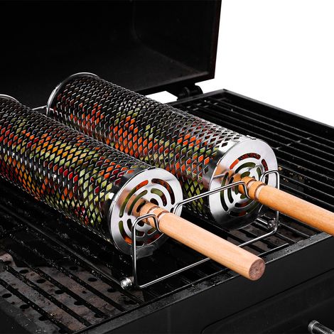 Panier à barbecue à roulettes, poignée en bois amovible, en acier inoxydable 304, outils de barbecue empilables, accessoires de cuisine et de barbecue en extérieur.-AquaForge